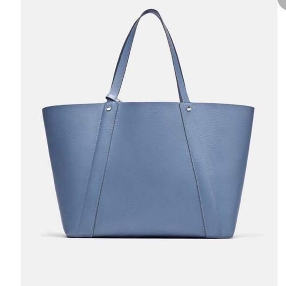 Zara reversible oversized tote bag blue / silver grey with pouch - Picture 2 of 11